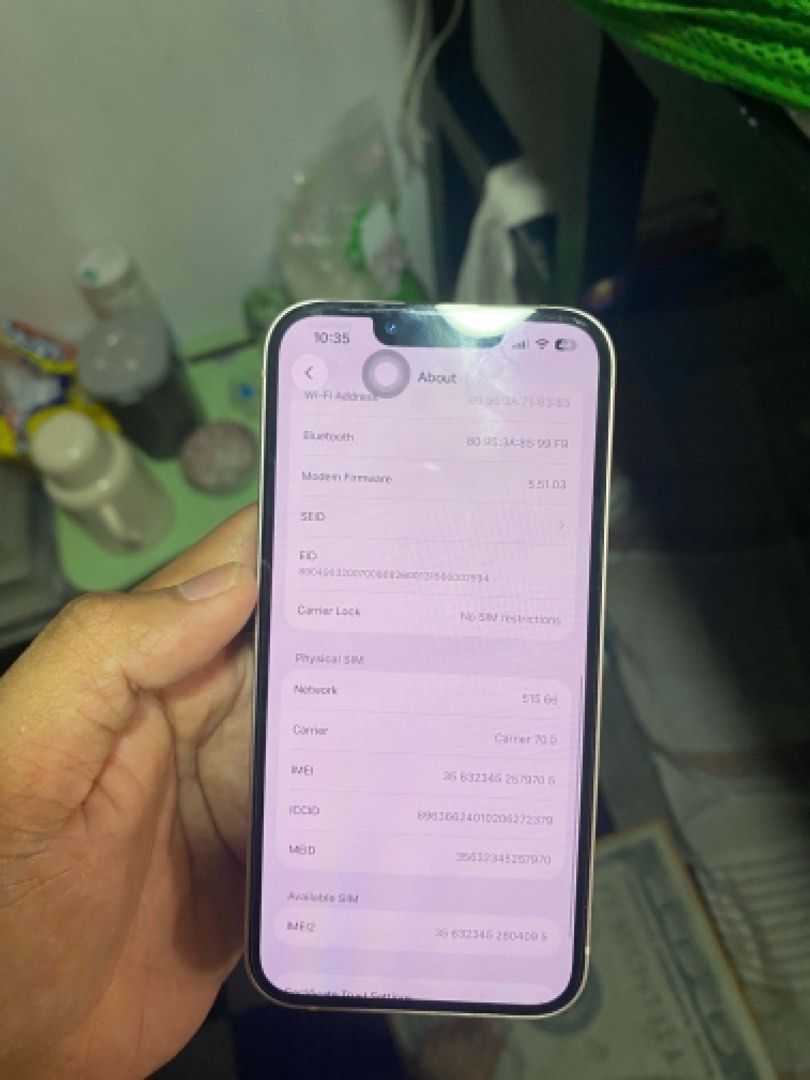 iPHONE 13 128GB (Category: iPhone 13 Series) located in Quezon City. Submitted by jcccccccccccccc (Listing ID 1467197871, Image 1). Description: FORSALE‼️‼️ - 128GB - 70 Battery health - Working face id - Working true tone - All parts orig - No paint chips - Makinis sariwa smooth ang unit - With orig box and cord.