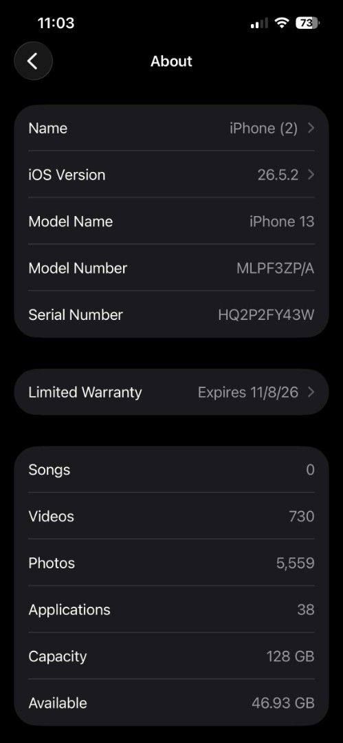 Iphone 13 128gb (Category: iPhone 13 Series) located in Manila. Submitted by itsme_avelinoo (Listing ID 1467298626, Image 3). Description: IPHONE 13 (MIDNIGHT) - FU - 128GB - 92% BH - UNDER WARRANTY UNTIL 11/08/26 - ZP/A LOCAL VARIANT; NTC APPROVED - ALL WORKING TRUE TONE AND FACE ID - NO HISTORY OF REPAIR - NO SIM RESTRICTIONS - NO ISSUE OTHER THAN SIGN OF USAGES (minimal paint chips, minimal dents, minimal scratches) inclusion: rep box, charger