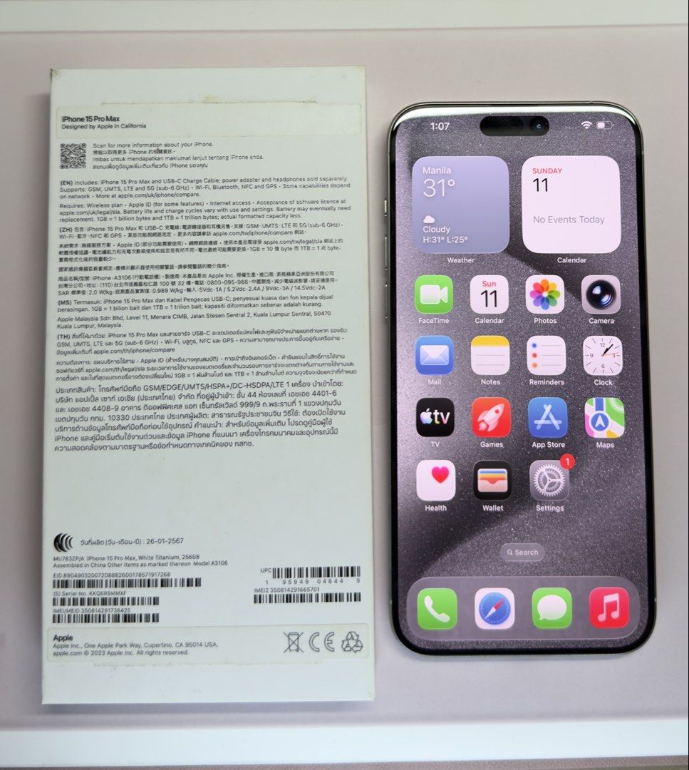 iPhone 15 Pro Max 256GB (Category: iPhone 15 Series) located in Manila. Submitted by annicarts (Listing ID 1467213608, Image 1). Description: Selling my personal iPhone 15 Pro Max 256GB in pristine condition. It was only used occasionally as an extra phone, so it has been very well maintained. DETAILS • 256GB Storage • ZP/A Variant • Physical Dual SIM • 82% Battery Health • 714 Cycle Count • Pristine condition, no dents or scratches • 100% workin