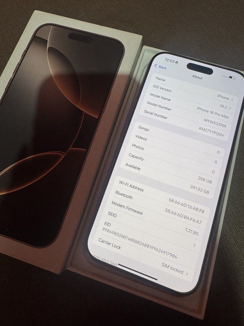 iPhone 16 pro max (Category: iPhone 16 Series) located in Manila. Submitted by raychael19 (Listing ID 1467200707, Image 3). Description: - Model: iPhone 16 Pro Max - Storage: 256GB - Color: Desert Titanium - Battery Health: 100% (Cycle Count: 3) - Condition: Like new, pristine condition with original box - First Use: November 2024 - Meetup Location: Mandaluyong City Hall (Maysilo, Mandaluyong City).