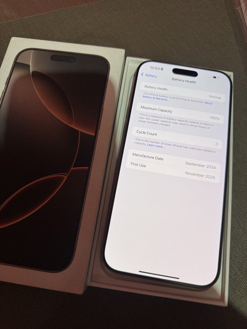 iPhone 16 pro max (Category: iPhone 16 Series) located in Manila. Submitted by raychael19 (Listing ID 1467200707, Image 2). Description: - Model: iPhone 16 Pro Max - Storage: 256GB - Color: Desert Titanium - Battery Health: 100% (Cycle Count: 3) - Condition: Like new, pristine condition with original box - First Use: November 2024 - Meetup Location: Mandaluyong City Hall (Maysilo, Mandaluyong City).