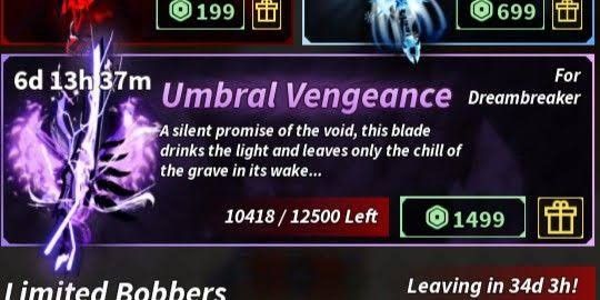 IUmbral Vengeance • Roblox Fisch (Category: In-Game Products) located in Malasiqui. Submitted by spidyy_s (Listing ID 1467319783, Image 1). Description: ROBLOX FISCH -- Umbral Vengeance (dream breaker rod) : 650 Umbral Vengeance is a Limited rod skin in Fisch. It currently holds a high demand and is considered hoarded in the trading market. It was originally sold for 1,499 Robux with a stock of 12,500, of which an estimated 40% were sold. Payment