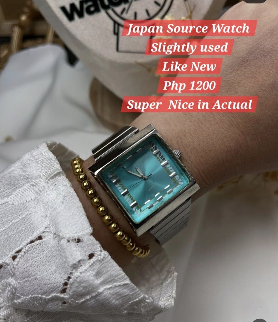 Japan Source Square Face Watch with Turquoise Dial (Category: Women's Watches) located in Iloilo. Submitted by fashion_for_uph (Listing ID 1467360125, Image 1). Description: - Authentic square-face watch sourced directly from Japan - Vibrant turquoise dial with unique, eye-catching hour markers - Reliable quartz movement for accurate timekeeping - Classic stainless steel case construction - Adjustable silver-tone metal link bracelet - Versatile d