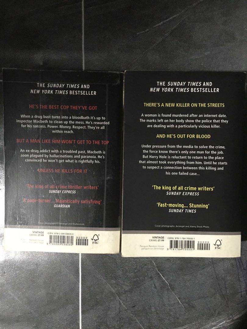 Jo Nesbo Novels - Macbeth & The Thirst (Category: Storybooks) located in Pilar. Submitted by dhelsomera20308 (Listing ID 1467307447, Image 2). Description: - Bundle of 2 Jo Nesbo thriller paperbacks: Macbeth and The Thirst - Vintage Crime editions with English text - Condition: Good, with minor edge wear on covers and natural page yellowing due to age - Ideal reads for mystery and crime fiction fans.