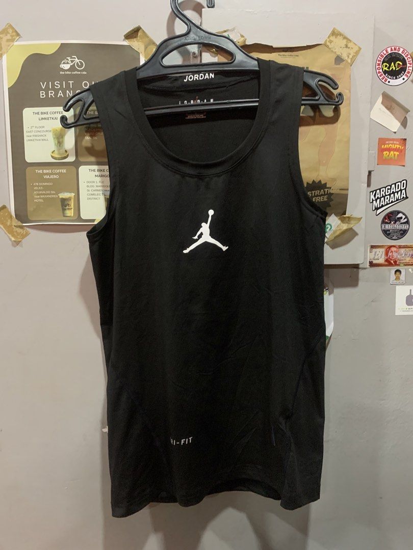 Jordan Dri-Fit Black Tank Top Medium (Category: Activewear) located in Cagayan de Oro. Submitted by agboysalis60090 (Listing ID 1467338499, Image 1). Description: Black Jordan sleeveless tank top with Dri-Fit technology. White Jumpman logo centered on the chest. Size medium tag inside. 100 percent polyester fabric. Machine wash cold instructions on the care label. Made in Thailand..