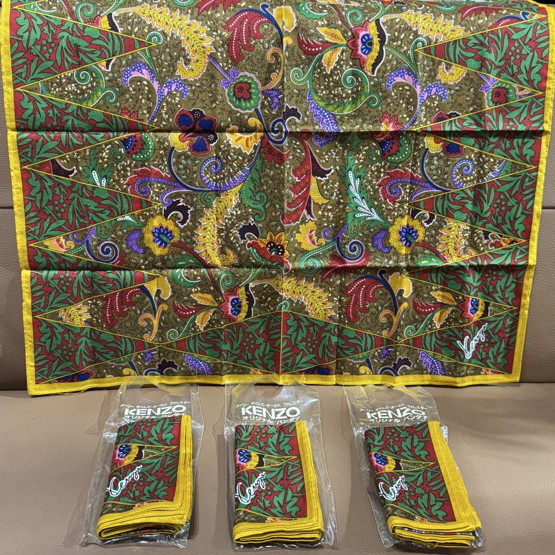 Kenzo handkerchief Green Yellow Red bundle 4pcs (Category: Scarves) located in Rizal. Submitted by houseofbell (Listing ID 1467356421, Image 1). Description: - Set of 4 vintage Kenzo bandanas with striking green, yellow, and red floral batik prints - Features iconic Kenzo signature script branding in the corner Bundle 4 pcs for 1000.