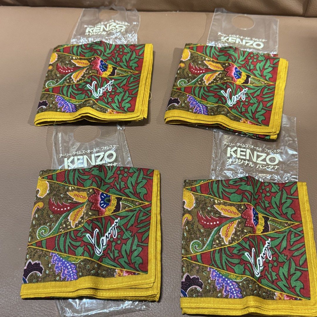 Kenzo handkerchief Green Yellow Red bundle 4pcs (Category: Scarves) located in Rizal. Submitted by houseofbell (Listing ID 1467356421, Image 2). Description: - Set of 4 vintage Kenzo bandanas with striking green, yellow, and red floral batik prints - Features iconic Kenzo signature script branding in the corner Bundle 4 pcs for 1000.