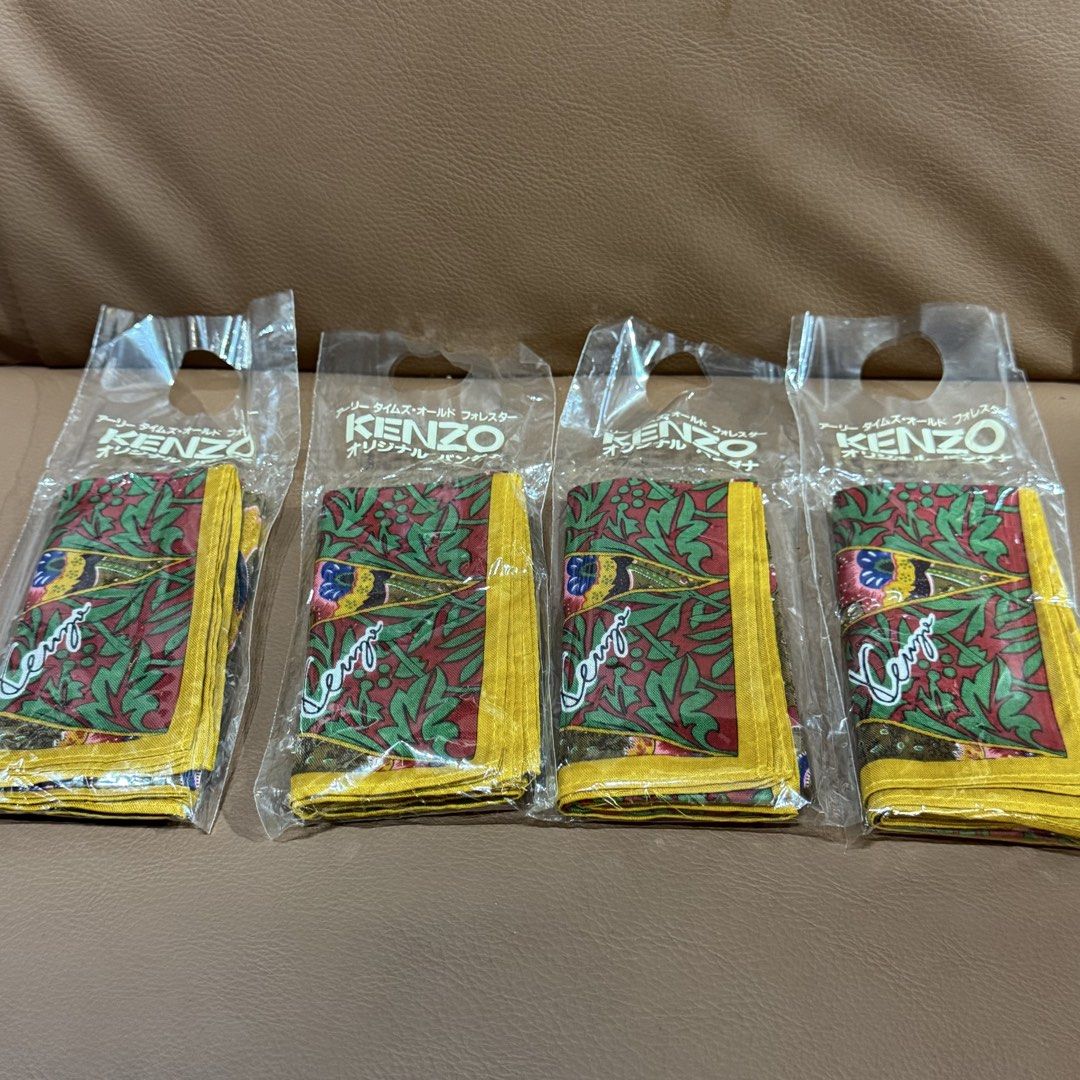 Kenzo handkerchief Green Yellow Red bundle 4pcs (Category: Scarves) located in Rizal. Submitted by houseofbell (Listing ID 1467356421, Image 3). Description: - Set of 4 vintage Kenzo bandanas with striking green, yellow, and red floral batik prints - Features iconic Kenzo signature script branding in the corner Bundle 4 pcs for 1000.