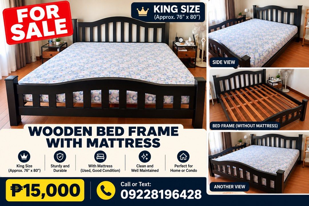 King Sized Bed Frame and Mattress (Category: Bed Frames & Mattresses) located in Taguig. Submitted by annpo27 (Listing ID 1467236182, Image 1). Description: Well used king sized bed with mattress.