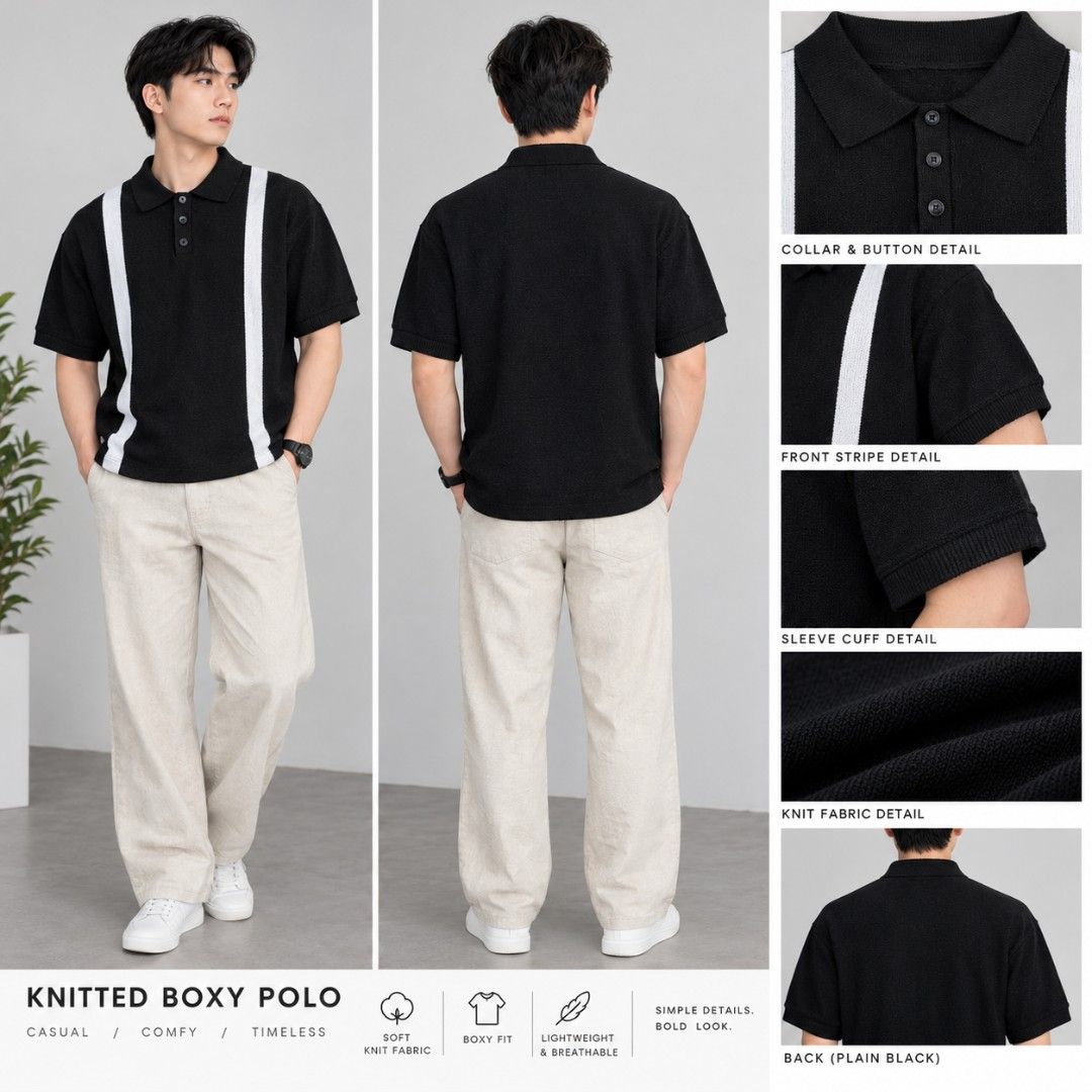 KNITTED BOXY POLO (Category: Tshirts & Polo Shirts ) located in Manila. Submitted by friperie. (Listing ID 1467287378, Image 1). Description: KNITTED BOXY POLO – BLACK & WHITE Upgrade your everyday style with this stylish and timeless knitted polo! 🖤 ✨ Product Details: - Design: Black knitted polo with white vertical accent stripes on the front - Back: Plain black for a clean, minimalist look - Sleeves: Short sleeves with subtle ribbed cuff deta
