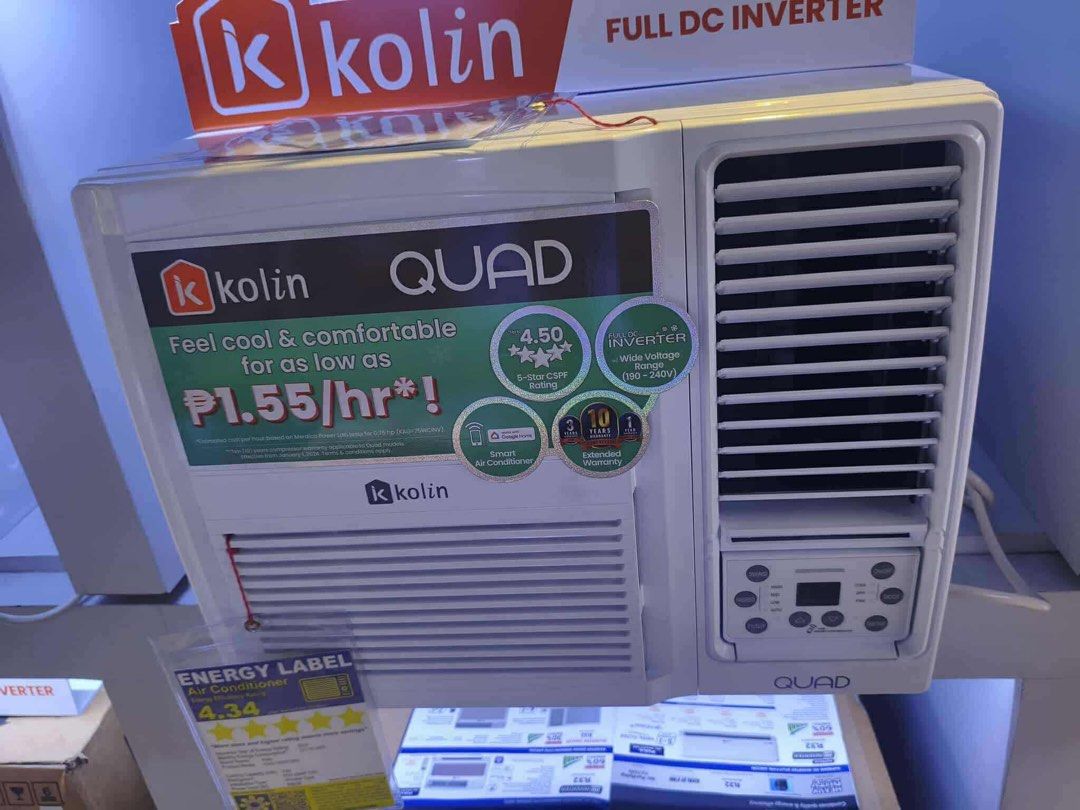 KOLIN QUAD WINDOW TYPE INVERTER AIR CONDITIONER (Category: Air Conditioning and Heating) located in Quezon City. Submitted by annys.online (Listing ID 1467330218, Image 1). Description: KOLIN WINDOW TYPE INVERTER AIRCON KAG75WCINV .75hp SRP 24,485 Cash: 17,900 KA-100GQAIINV32 1hp SRP 26,995 Cash: 22,700 KA-150GQAIINV32 SRP 30,995 Cash: 26,400 KA-200GQAIINV32 Cash 35,300 KAG200WCINV 2hp SRP 40,995 Cash: 32,000 KA-250GQAIINV32 2.5hp SRP 45,795 Cash
