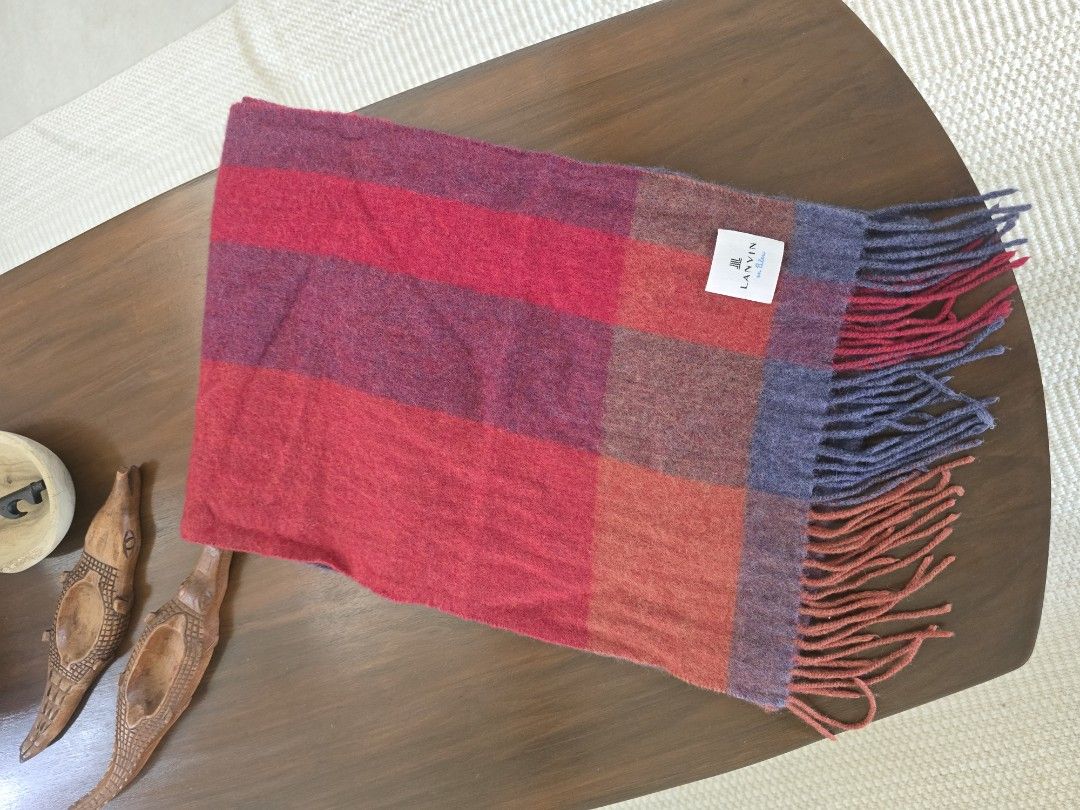 LANVIN en Bleu Cashmere Check Scarf (Category: Scarves) located in Davao. Submitted by moodsale (Listing ID 1467225265, Image 1). Description: LANVIN en Bleu wool and cashmere check scarf in wine colorway. Large plaid pattern mixing red, purple, orange, and blue tones. Fringe trim on both ends. Fabric tag reads 100% cashmere. Original retail price around ¥13,200. Cozy winter accessory..