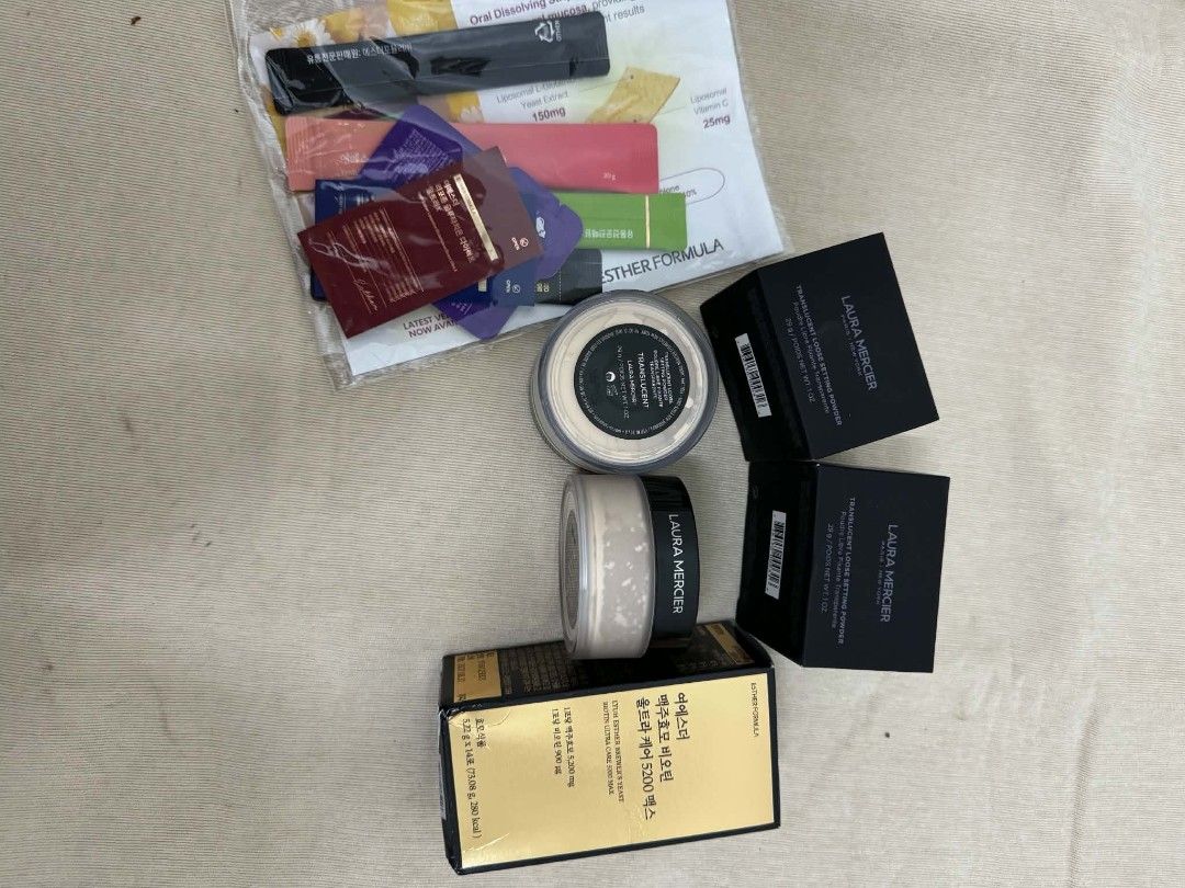 Laura Mercier Translucent Setting Powder and Esther Formula Supplements (Category: Makeup) located in Angeles City. Submitted by measaliman02351 (Listing ID 1467333442, Image 2). Description: - Laura Mercier Translucent Loose Setting Powders: Total of 3 jars (2 boxed, 1 unboxed) - Esther Formula Brewer's Yeast Biotin: 1 sealed box included - Bonus: 1 bag of assorted wellness supplement packets - Condition: 100% brand new, unopened, and unused - A
