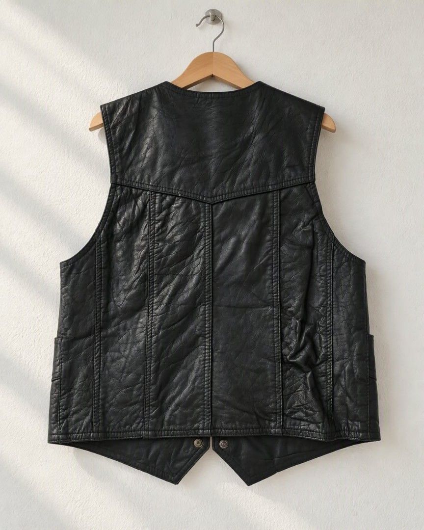 Leather Man Genuine Leather Biker Vest (Category: Coats, Jackets and Outerwear) located in Baguio. Submitted by luxeloomarchive (Listing ID 1467189512, Image 2). Description: Leather Man Genuine Leather Biker Vest Up for grabs is a premium, rugged black real leather vest from the brand Leather Man. Features a classic Western/biker cut with a snap-button front, sharp pointed front yokes, and deep front utility pockets. The textured genuine leather