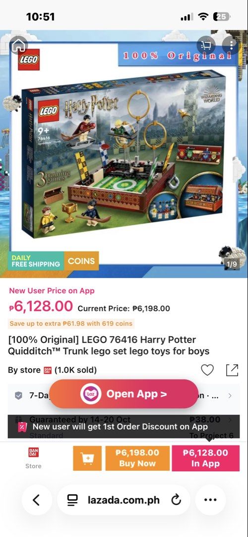 LEGO Harry Potter 76416 Quidditch Trunk (Category: Lego & Building Sets) located in Manila. Submitted by thriftpogu77014 (Listing ID 1467185155, Image 1). Description: - LEGO Harry Potter Quidditch Trunk (Model 76416) - Build and play: opens into a working Quidditch pitch with 3 training games - Includes various minifigures, customisable player heads, and fun accessories - Original packaging intact (Note: Box has minor shelf wear and corner creas