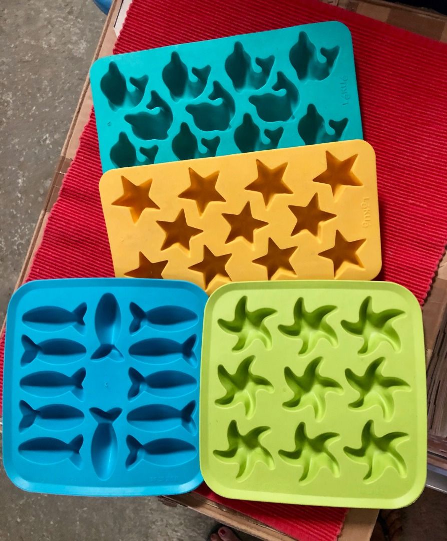 Lekue & IKEA Silicone Ice Cube Trays in 4 Shapes (Category: Dinnerware & Cutlery) located in Calamba. Submitted by marjoh29436 (Listing ID 1467242541, Image 2). Description: Set of Lékué and IKEA silicone ice cube trays in bright colors. It is IKEA - fish and starfish shapes / Lékué - dolphin and star shapes. Flexible material makes popping out ice easy. Great for parties, cocktails, or kids' drinks. Clean and ready to use. Not USED, clean, well 