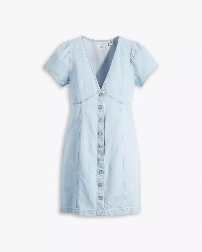Levi's Erin Mini Denim Dress (Category: Dresses) located in Quezon City. Submitted by tatijoizz (Listing ID 1467274659, Image 3). Description: - Preloved, used only once - Auth Levi's (Erin mini denim dress) - Light wash blue denim - Medium on tag - V-neckline, front button-down closure, short puff sleeves.