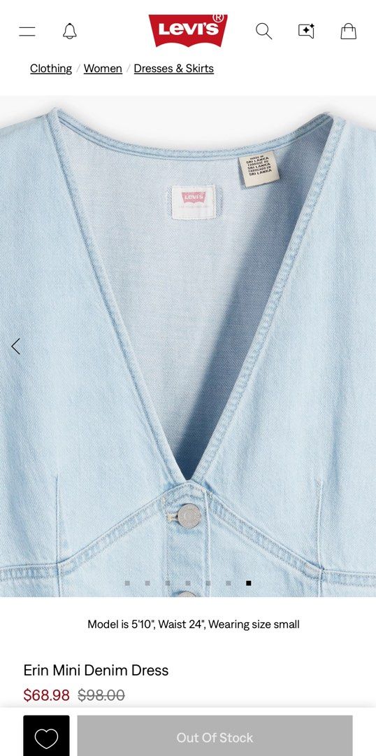 Levi's Erin Mini Denim Dress (Category: Dresses) located in Quezon City. Submitted by tatijoizz (Listing ID 1467274659, Image 2). Description: - Preloved, used only once - Auth Levi's (Erin mini denim dress) - Light wash blue denim - Medium on tag - V-neckline, front button-down closure, short puff sleeves.