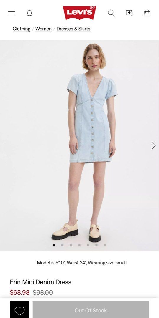 Levi's Erin Mini Denim Dress (Category: Dresses) located in Quezon City. Submitted by tatijoizz (Listing ID 1467274659, Image 1). Description: - Preloved, used only once - Auth Levi's (Erin mini denim dress) - Light wash blue denim - Medium on tag - V-neckline, front button-down closure, short puff sleeves.