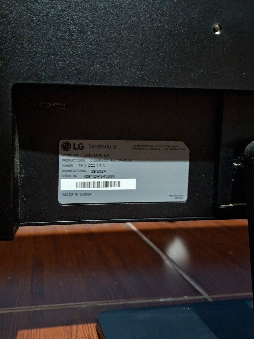 LG 24MR400-B (Category: Monitor Screens) located in Marikina City. Submitted by weirdocharm (Listing ID 1467177410, Image 2). Description: NO BOX USED FOR LESS THAN A YEAR RFS: UPGRADED SET-UP Monitor Specifications & Details • Model Number: LG 24MR400-BA (part of the LG 24MR400 series) • Display Size: 23.8-inch IPS panel (marketed as 24 inches) • Resolution: Full HD (1920 x 1080) • Refresh Rate: 100Hz • Power Rating: 19V ⎓ 1.3A (External power a