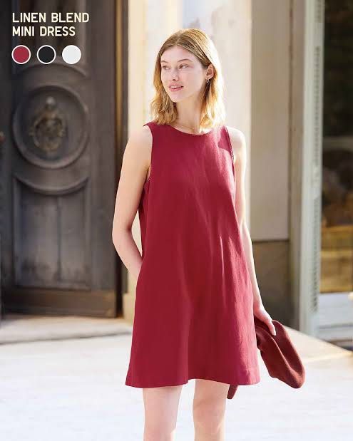 Uniqlo Linen Blend Mini Dress Maroon (Category: Dresses) located in Cagayan de Oro. Submitted by booksnclothes (Listing ID 1467204340, Image 2). Description: - Color: Maroon - Material: Breathable linen blend, perfect for warm weather - Design: Sleeveless with a classic round neckline - Fit: A-line cut that falls comfortably above the knee - Style: Simple and versatile; easy to pair with sandals or loafers Brand new with tags, bought in store for