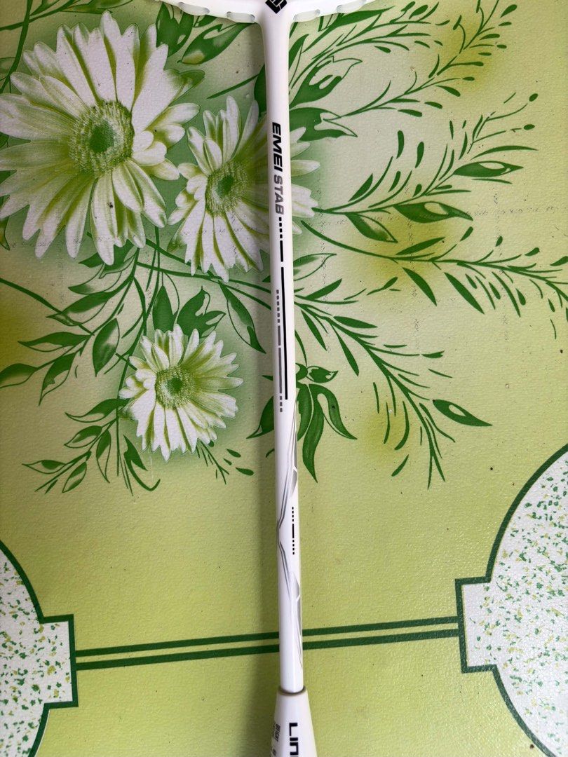 Lingmei Emei Stab Badminton Racket (Category: Other Sports Equipment and Supplies) located in Manila. Submitted by realshi_penguin (Listing ID 1467346529, Image 3). Description: NEGOTIABLE! SRP 3,700 - Brand: Lingmei Emei Stab - Color: White - Condition: Brand new (plastic wrap still on handle, factory stickers intact) - Weight: 4U - Grip Size: G5 - Balance: Head heavy - Shaft: Stiff - String Tension: Supports 18 to 30 lbs.