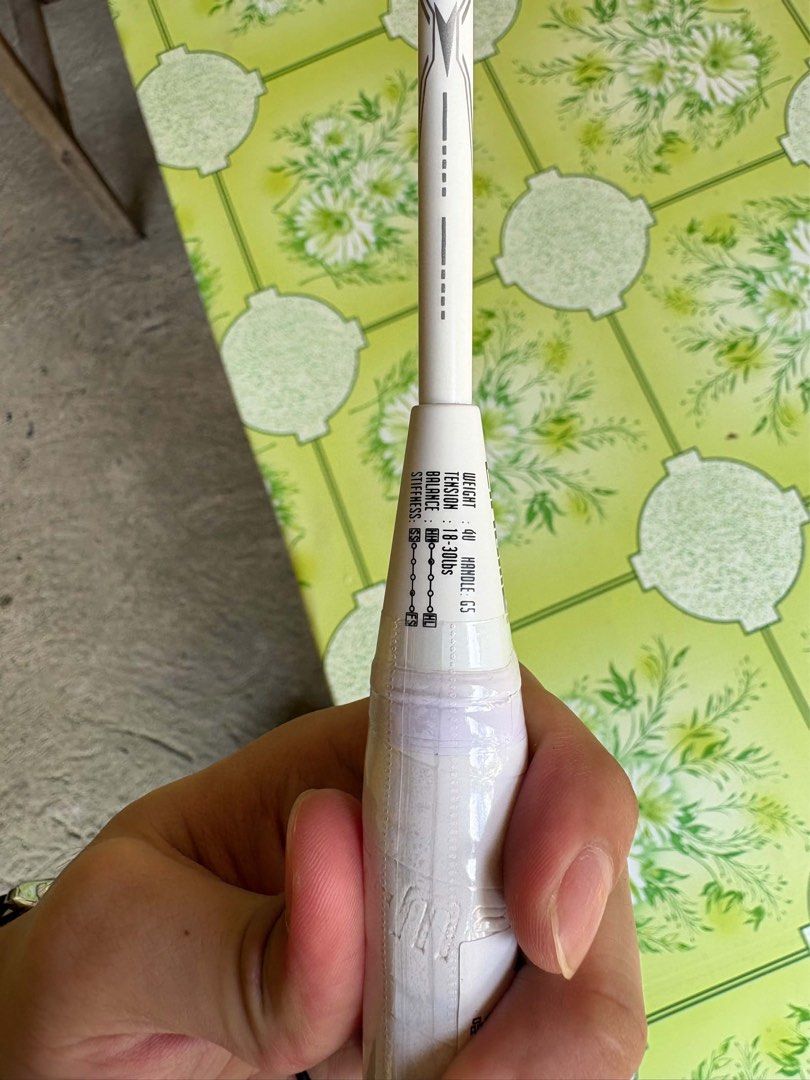 Lingmei Emei Stab Badminton Racket (Category: Other Sports Equipment and Supplies) located in Manila. Submitted by realshi_penguin (Listing ID 1467346529, Image 1). Description: NEGOTIABLE! SRP 3,700 - Brand: Lingmei Emei Stab - Color: White - Condition: Brand new (plastic wrap still on handle, factory stickers intact) - Weight: 4U - Grip Size: G5 - Balance: Head heavy - Shaft: Stiff - String Tension: Supports 18 to 30 lbs.