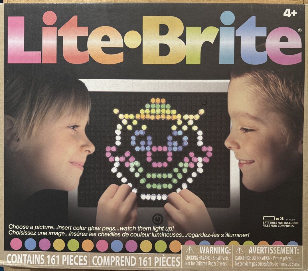 Lite-Brite Magic Screen Toy with 161 Pieces (Category: Educational & Learning Toys) located in San Pedro. Submitted by pageturner19 (Listing ID 1467211130, Image 1). Description: Unused, sealed box - Classic Lite-Brite set by Basic Fun for ages 4 and up - Includes magic screen, 161 colorful glowing pegs, storage tray, art guide, and templates - Fun, creative activity that lets kids draw with light - Requires 3 AA batteries (not included) - Brand 