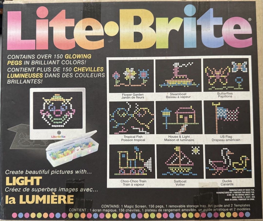 Lite-Brite Magic Screen Toy with 161 Pieces (Category: Educational & Learning Toys) located in San Pedro. Submitted by pageturner19 (Listing ID 1467211130, Image 2). Description: Unused, sealed box - Classic Lite-Brite set by Basic Fun for ages 4 and up - Includes magic screen, 161 colorful glowing pegs, storage tray, art guide, and templates - Fun, creative activity that lets kids draw with light - Requires 3 AA batteries (not included) - Brand 