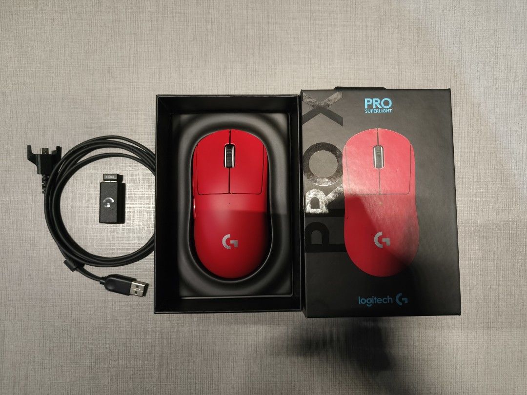 Logitech G Pro X Superlight Wireless Gaming Mouse Red (Category: Mouse & Mousepads) located in Manila. Submitted by _narniaswardrobe (Listing ID 1467270739, Image 1). Description: - Model: Logitech G Pro X Superlight Wireless Gaming Mouse - Color: Striking Red - Condition: Clean, well-kept, and packed in its original box - Inclusions: Complete with USB charging cable, wireless receiver adapter, and USB dongle - Fulfillment: Ready for shipping or 