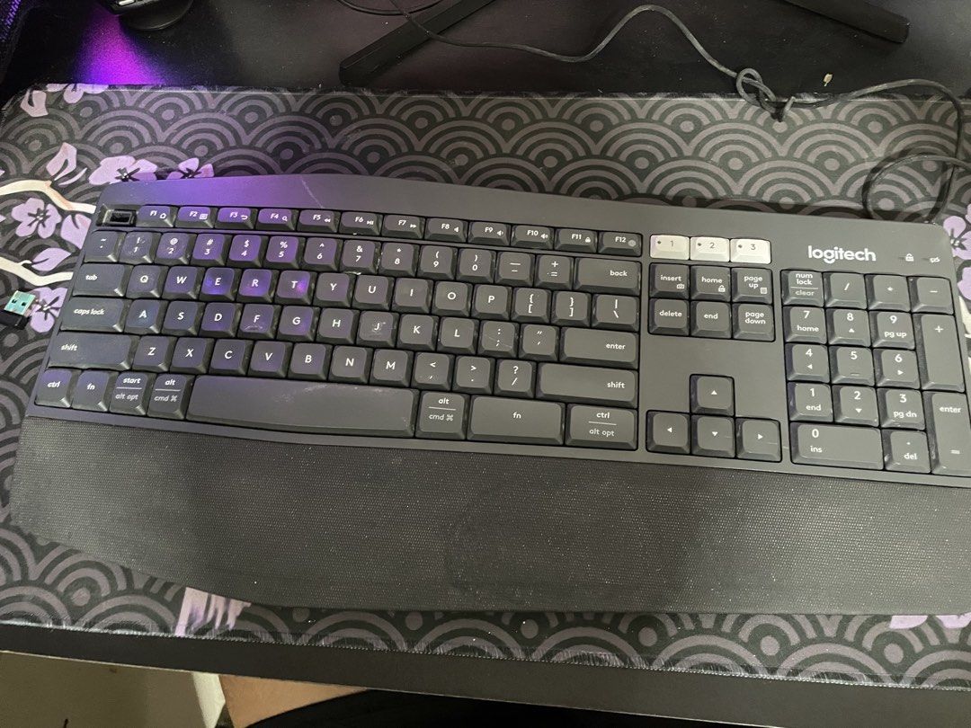 Logitech K850 Wireless Keyboard (Category: Computer Keyboard) located in General Trias. Submitted by ashi_kt0 (Listing ID 1467211021, Image 1). Description: - Model: Logitech K850 Wireless Keyboard (Dark Grey) - Layout: Full-size with integrated cushioned palm rest and number pad - Connectivity: Multi-device pairing (Easy-switch buttons 1, 2, 3) via Bluetooth or USB receiver - Condition: Clean and 100% working smoothly - Best For: Office work and