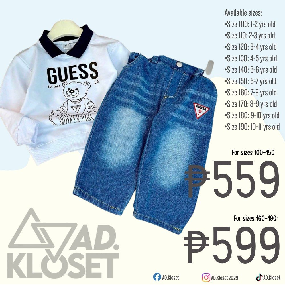 Long Sleeves with Pants Set (Category: Babies & Kids Fashion) located in Quezon City. Submitted by ad.kloset (Listing ID 1467223224, Image 1). Description: Small sizes: ₱559 •Size 100: 1-2 yrs old •Size 110: 2-3 yrs old •Size 120: 3-4 yrs old •Size 130: 4-5 yrs old •Size 140: 5-6 yrs old •Size 150: 6-7 yrs old Big sizes: ₱599 •Size 160: 7-8 yrs old •Size 170: 8-9 yrs old •Size 180: 9-10 yrs old •Size 190: 10-11 yrs old.