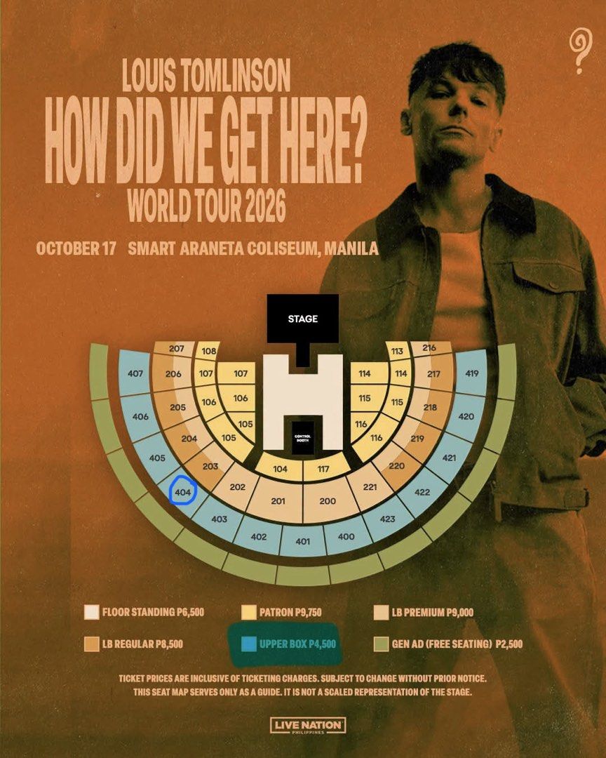 Louis tomlinson in manila upper box (Category: Events Tickets) located in Quezon City. Submitted by mt_20 (Listing ID 1467248208, Image 1). Description: wts lfb LOUIS TOMLINSON HOW DID WE GET HERE? WORLD TOUR 2026 One (1) Upper Box, Sec 404 Row 6 *unclaimed, can claim together *rfs: conflict of sched 🏷️ ub lower box lb regular premium gen ad standing patron manila wtb lfs #LouisTomlinsoninManila #HDWGHWTManila.
