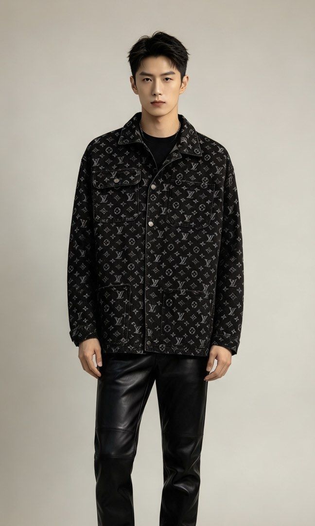 Louis Vuitton Monogram Denim Jacket Size 52 (Category: Coats, Jackets and Outerwear) located in Paranaque City. Submitted by mykapoynton (Listing ID 1467239667, Image 1). Description: Louis Vuitton Monogram Denim Jacket Size 52 - Style: All-over monogram black denim jacket - Closure & Pockets: Front button closure, dual chest pockets, and lower flap pockets - Special Feature: Stylish metal chain detail attached inside the collar - Origin & Sizing