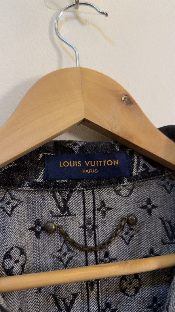 Louis Vuitton Monogram Denim Jacket Size 52 (Category: Coats, Jackets and Outerwear) located in Paranaque City. Submitted by mykapoynton (Listing ID 1467239667, Image 3). Description: Louis Vuitton Monogram Denim Jacket Size 52 - Style: All-over monogram black denim jacket - Closure & Pockets: Front button closure, dual chest pockets, and lower flap pockets - Special Feature: Stylish metal chain detail attached inside the collar - Origin & Sizing