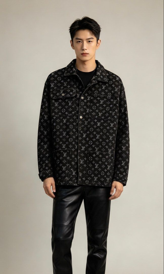Louis Vuitton Monogram Denim Jacket Size 52 (Category: Coats, Jackets and Outerwear) located in Paranaque City. Submitted by preluxeshop_ph (Listing ID 1467295331, Image 1). Description: Louis Vuitton Monogram Denim Jacket Size 52 - Style: All-over monogram black denim jacket - Closure & Pockets: Front button closure, dual chest pockets, and lower flap pockets - Special Feature: Stylish metal chain detail attached inside the collar - Origin & Siz