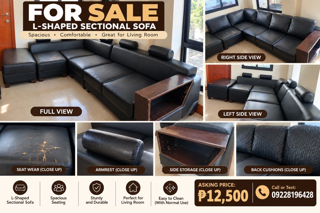 L-Shaped Black Leather Sofa (Category: Sofas) located in Taguig. Submitted by annpo27 (Listing ID 1467236766, Image 1). Description: Well loved Has minor tears - can be covered by leather pen marker .