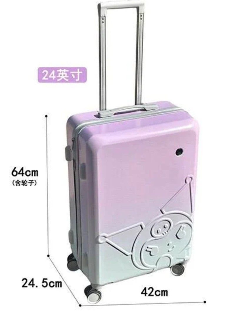Luggage carry on (Category: Luggage) located in Quezon City. Submitted by g_garagesale (Listing ID 1467169407, Image 2). Description: - Adorable embossed Kuromi design - Stunning purple to light mint green gradient - Dimensions: 64cm (H) x 42cm (W) x 24.5cm (D) - Lightweight hardcase construction - Smooth-rolling spinner wheels - Convenient telescopic pull handle - Ideal size for weekend trips or checked baggage.