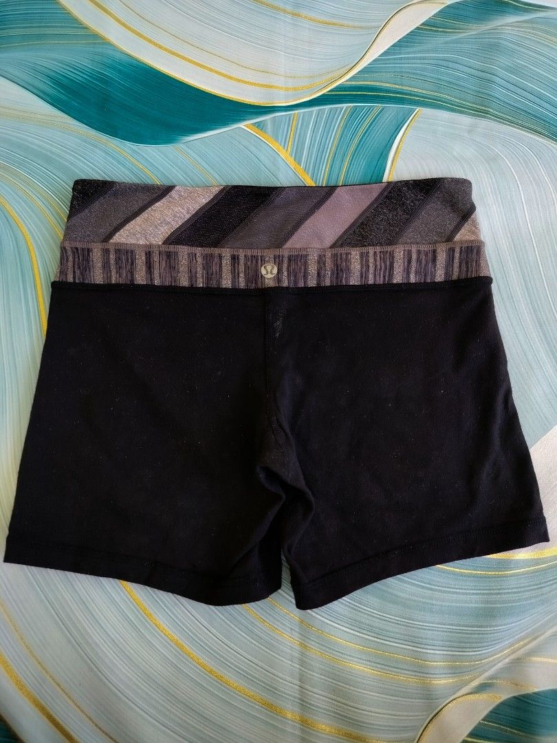 Lululemon Athletic Shorts Size 4 (Category: Shorts) located in Manila. Submitted by virgiliosa38485 (Listing ID 1467291594, Image 1). Description: Black athletic shorts from Lululemon with a wide patterned waistband in grey and black diagonal stripes. Size 4 tag printed inside the waistband pocket. Classic Lulu logo on the back. Stretchy fabric, great for workouts or running errands. Well-maintained piece with minimal wear..
