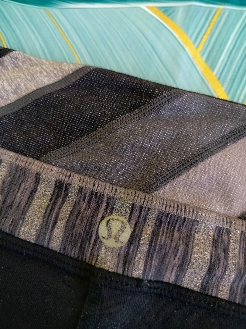 Lululemon Athletic Shorts Size 4 (Category: Shorts) located in Manila. Submitted by virgiliosa38485 (Listing ID 1467291594, Image 2). Description: Black athletic shorts from Lululemon with a wide patterned waistband in grey and black diagonal stripes. Size 4 tag printed inside the waistband pocket. Classic Lulu logo on the back. Stretchy fabric, great for workouts or running errands. Well-maintained piece with minimal wear..