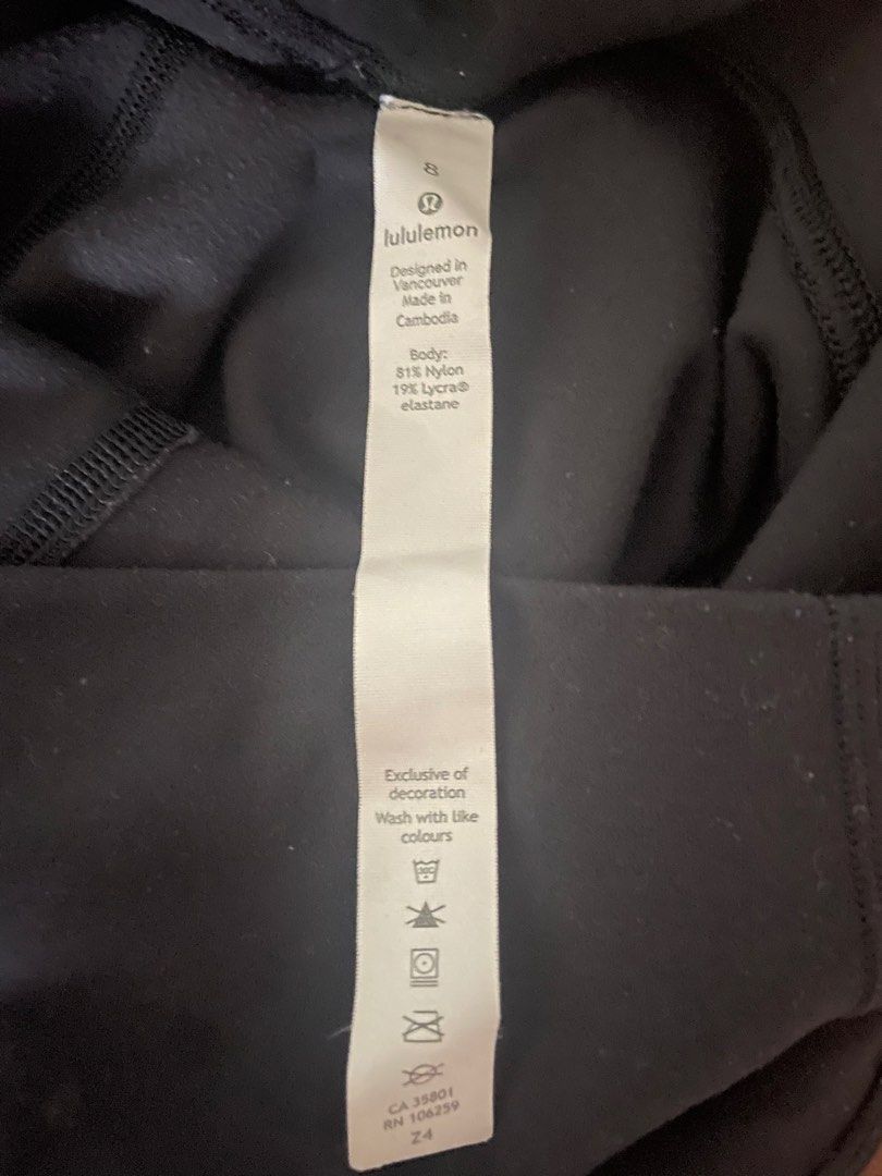 Lululemon Black Leggings Size 8 (Category: Activewear) located in Manila. Submitted by mochi_dear (Listing ID 1467202609, Image 3). Description: - Brand: Lululemon - Size: 8 - Color: Classic solid black (easy to match with any outfit) - Rise: High-rise waistband for extra support and comfort - Material: 81% nylon, 19% lycra elastane - Condition: Wash care label intact inside - Ideal for: Gym workouts, running, or casual daily wear.