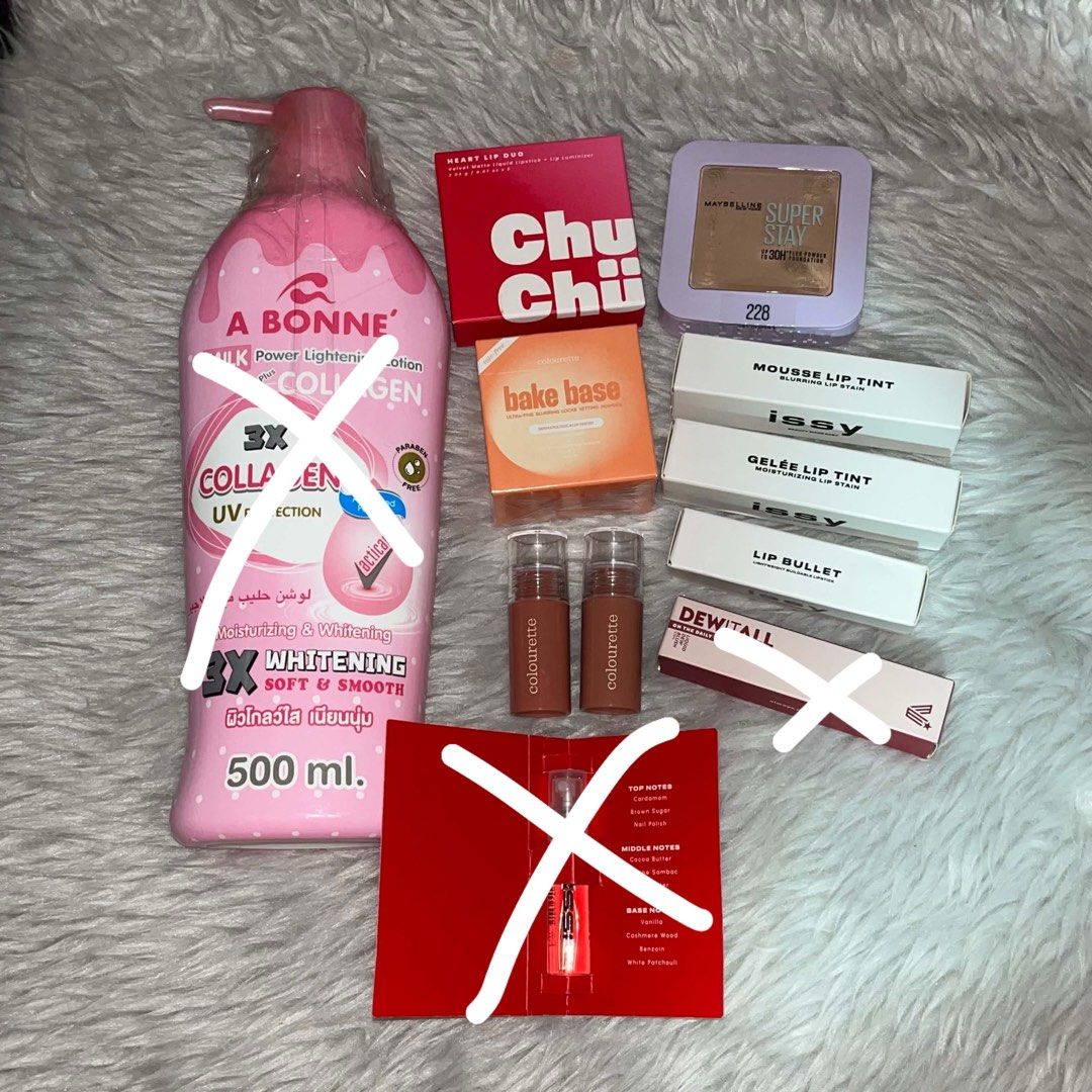 Makeup and skincare bundle Issy Maybelline Colourette (Category: Makeup) located in Cabuyao City. Submitted by 2fa63c18159f66dd6009285b88b3f7 (Listing ID 1467269022, Image 1). Description: - Selling as a complete set only - Most items still include original boxes - Maybelline Super Stay Powder (Shade 228) - Colourette Bake Base Setting Powder - 2x Colourette Liquid Lipsticks - Issy Mousse Lip Tint - Issy Gelée Lip Tint - Issy Lip Bullet - Chu Chu