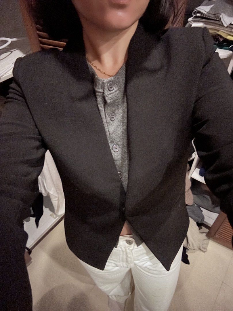 Mango Black Blazer Size S (Category: Coats, Jackets and Outerwear) located in Cebu City. Submitted by shopmikascloset (Listing ID 1467293919, Image 2). Description: Worn twice only, still in like new condition - Size: EUR-USA S - Color: Classic Solid Black - Design: Collarless, open front, clean structured look - Lining: Smooth interior lining - Style: Versatile for work, meetings, or smart casual outfits.
