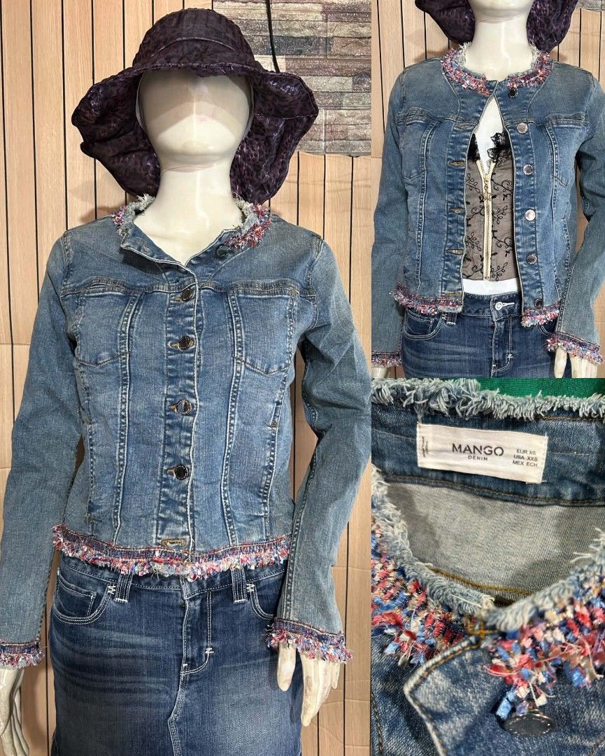 Mango denim jacket (Category: Coats, Jackets and Outerwear) located in Davao. Submitted by 07dward (Listing ID 1467356308, Image 1). Description: collarless denim blue jacket with lace, button closure, straight hem the model is 5'7 wearing small top of the line are.