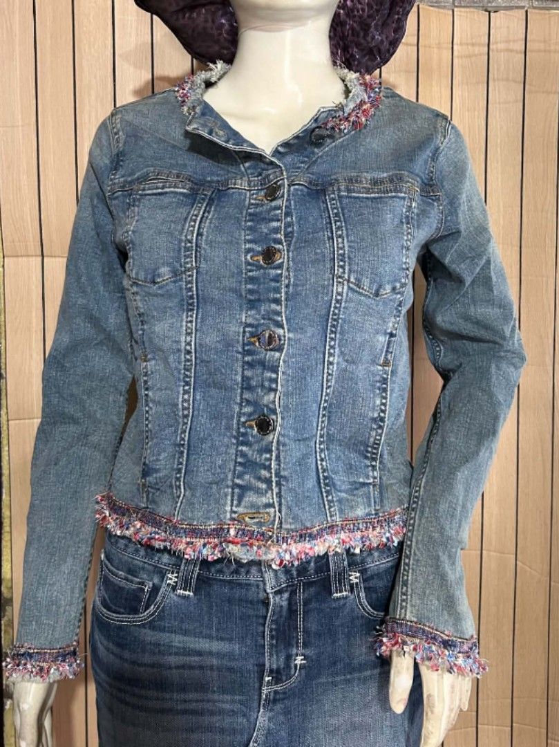 Mango denim jacket (Category: Coats, Jackets and Outerwear) located in Davao. Submitted by 07dward (Listing ID 1467356308, Image 3). Description: collarless denim blue jacket with lace, button closure, straight hem the model is 5'7 wearing small top of the line are.
