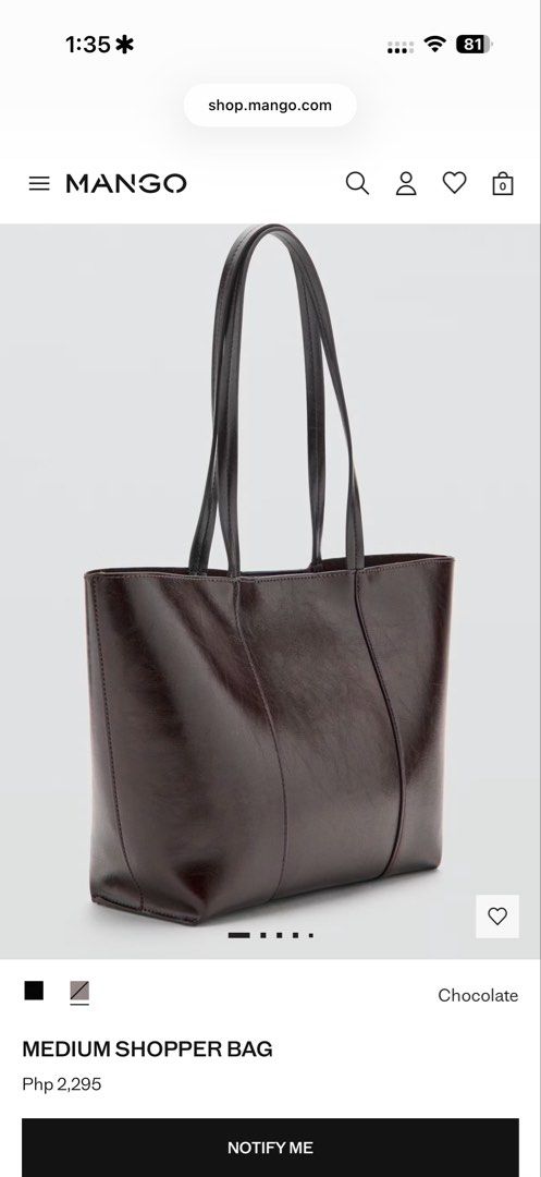 Mango Medium Shopper Bag Chocolate (Category: Tote Bags) located in Makati City. Submitted by attenne (Listing ID 1467222913, Image 2). Description: - Brand: Mango - Style: Medium shopper bag / everyday tote - Color: Chocolate brown - Features: Dual shoulder straps, structured panels, clean minimalist design, and roomy interior - Perfect for: Daily essentials, work, or school - Original Retail Price: PHP 2,295.