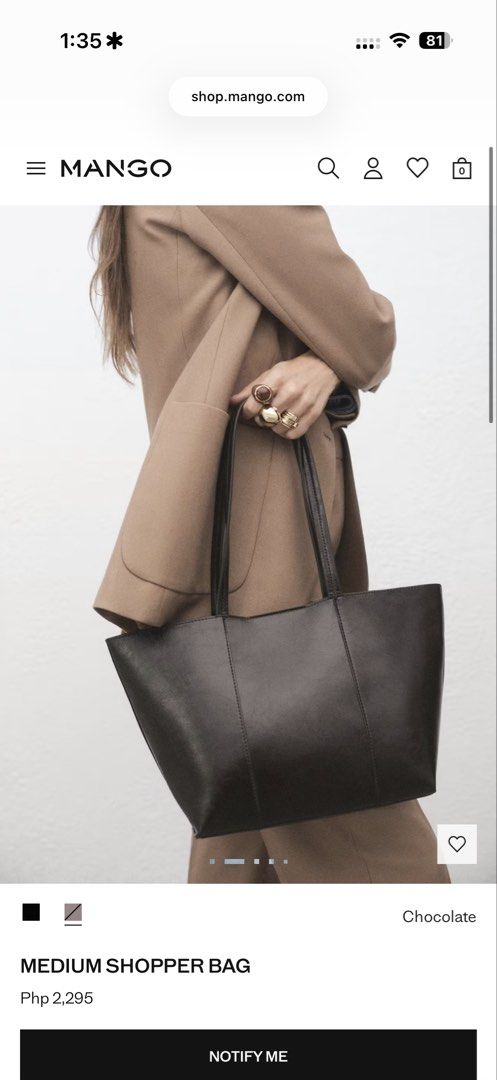 Mango Medium Shopper Bag Chocolate (Category: Tote Bags) located in Makati City. Submitted by attenne (Listing ID 1467222913, Image 1). Description: - Brand: Mango - Style: Medium shopper bag / everyday tote - Color: Chocolate brown - Features: Dual shoulder straps, structured panels, clean minimalist design, and roomy interior - Perfect for: Daily essentials, work, or school - Original Retail Price: PHP 2,295.