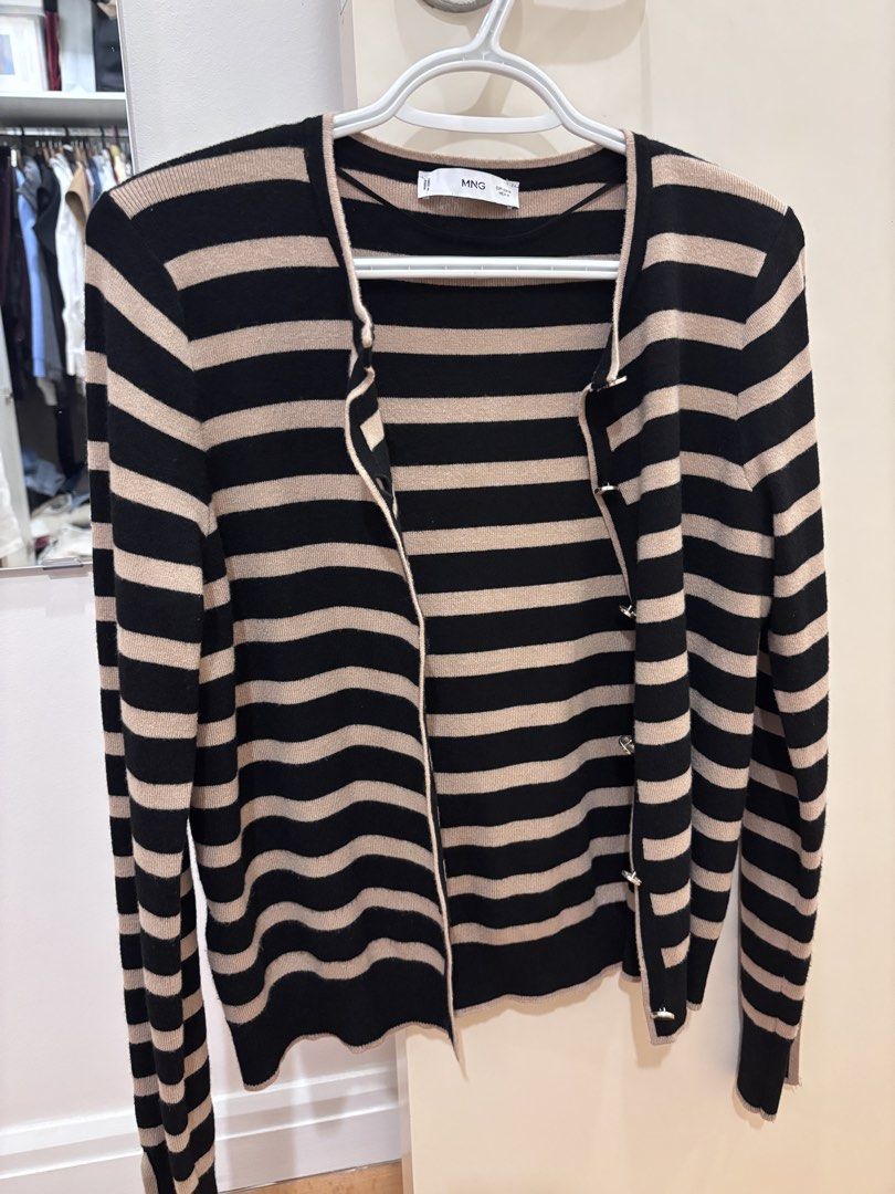 Mango Striped Cardigan Black Brown (Category: Coats, Jackets and Outerwear) located in Makati City. Submitted by camdeclutters (Listing ID 1467297314, Image 2). Description: - Brand: MNG (Mango) - Size: Medium - Color: Black and brown stripes - Design: Classic round neckline, button-down front, long sleeves with contrasting trim - Material: Lightweight knit, great for layering - Condition: Brand new with tags.