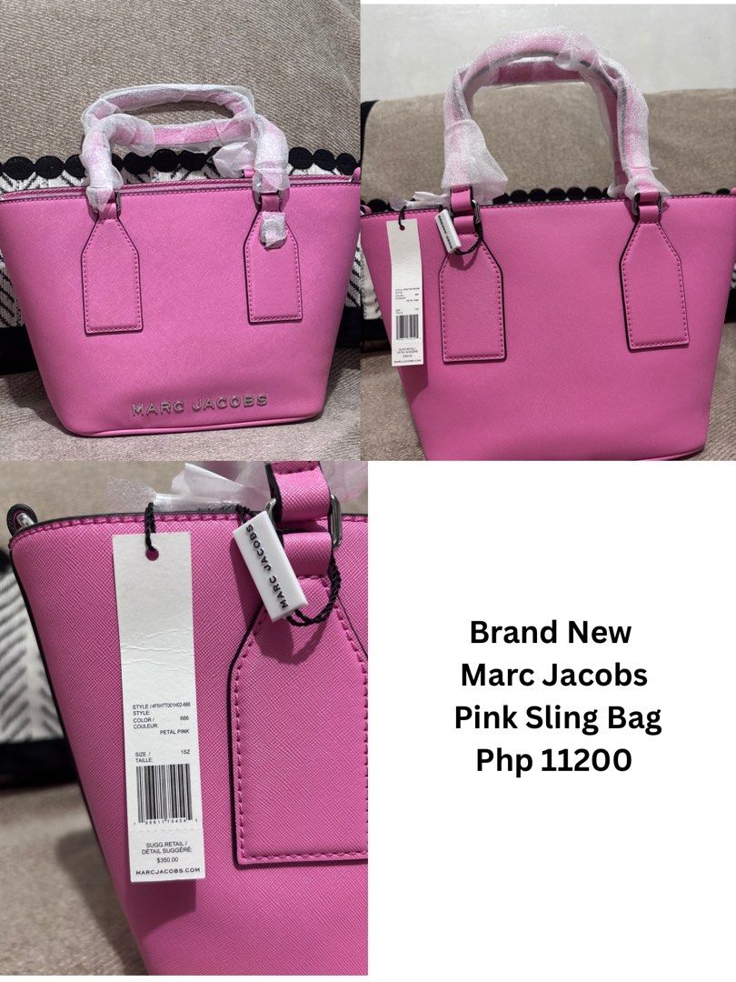 Marc Jacobs Pink Sling Bag (Category: Luxury Bags & Wallets) located in Mandaluyong City. Submitted by annaziki2001 (Listing ID 1467170211, Image 1). Description: - Brand: Marc Jacobs - Color: Petal Pink (Bright Pink) - Material: Leather-look - Hardware: Silver-tone lettering and hardware - Condition: Brand new, never used, straight from storage - Extras: Handles still wrapped in protective plastic - Price Tag: Original $350 tag attached.
