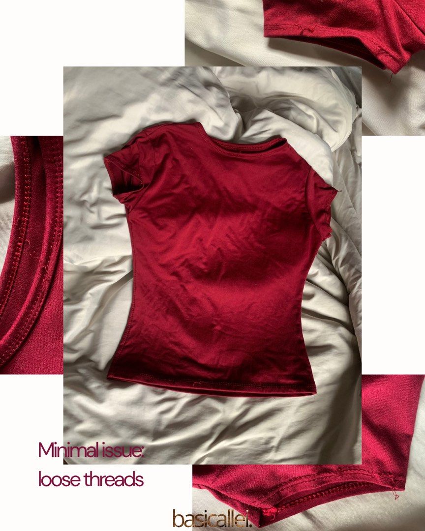 Maroon Top (Category: Shirts) located in Quezon City. Submitted by basicallei (Listing ID 1467237496, Image 3). Description: Maroon body-hugging double-lined crop top Fits size XS-M (Body in photo is M) Minimal issue: Loose thread.